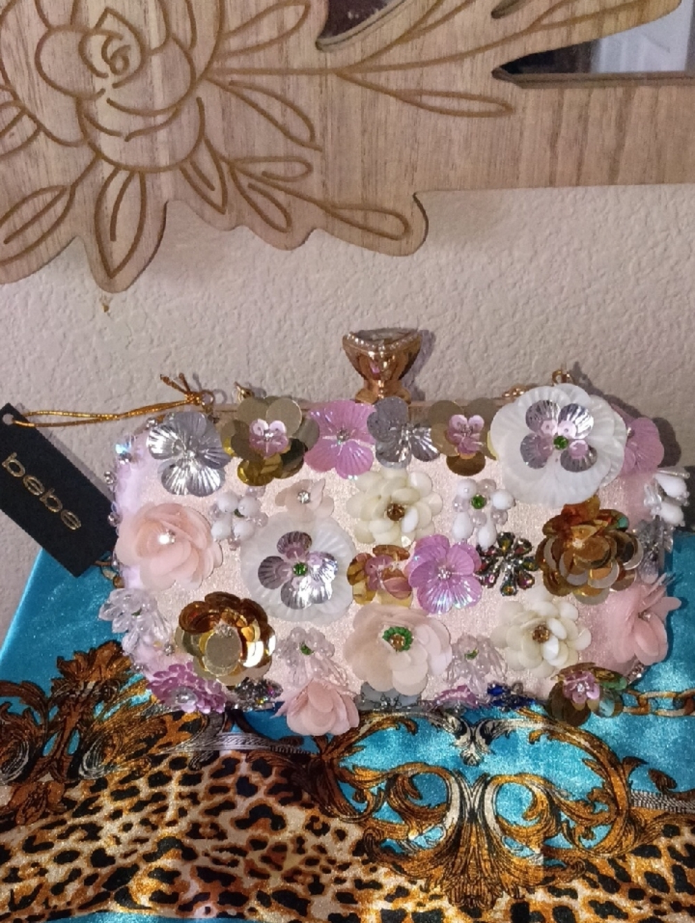 bebe Pink Floral Sequin & Bead Embellished Evening Clutch with Gold Hardware